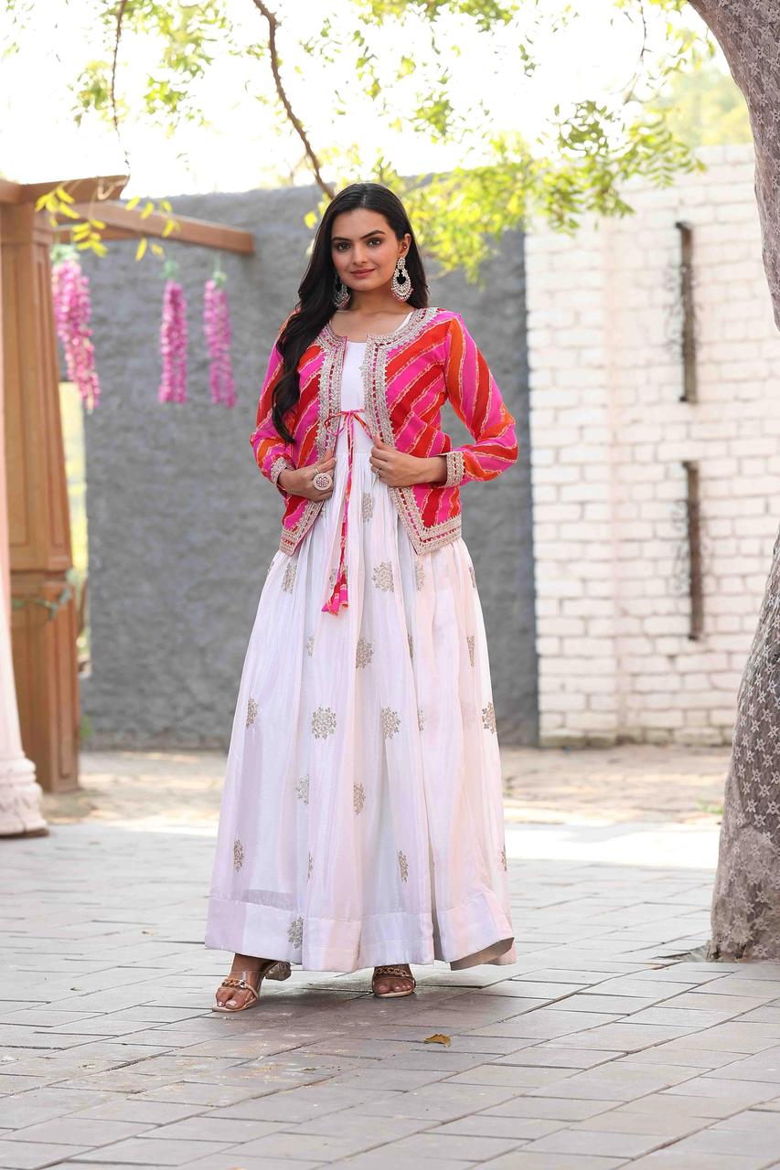 Eesha chinon sequence leheriya jacket and long gown set