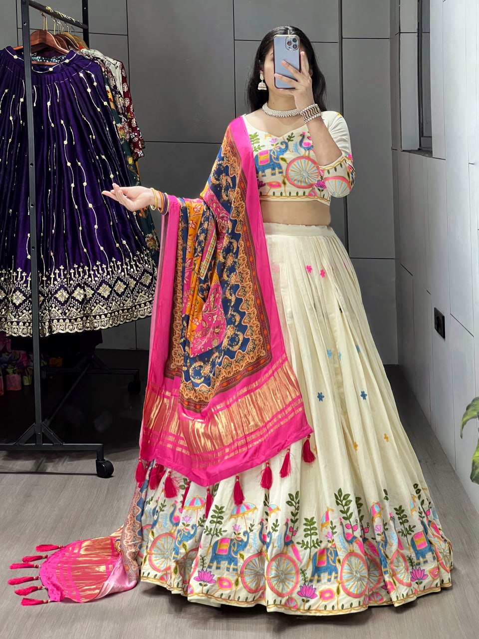 Off-white cotton embroidered lehenga with pink Gaji silk dupatta