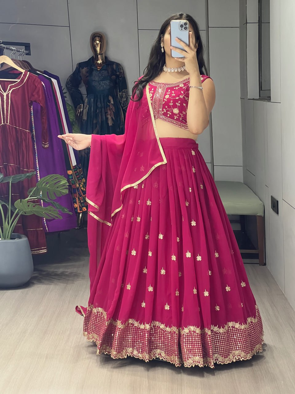 Yami pink georgette embroidered lehenga choli with dupatta