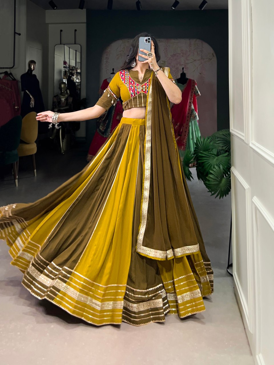 Mustard yellow pure rayon mirror Gamthi work lehenga choli