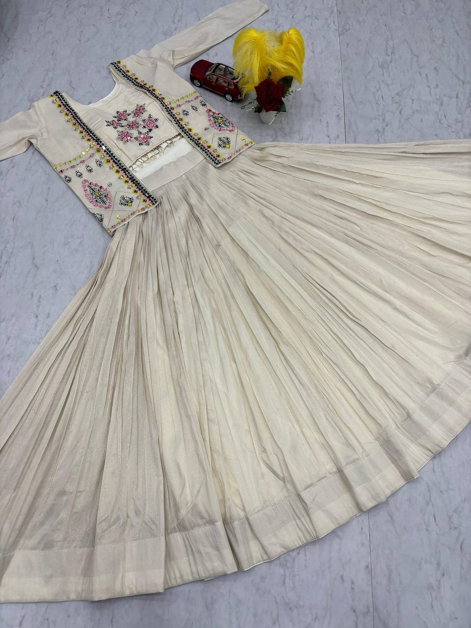 Off white tissue shimmer lehenga choli with handwork real diamond work and jacket