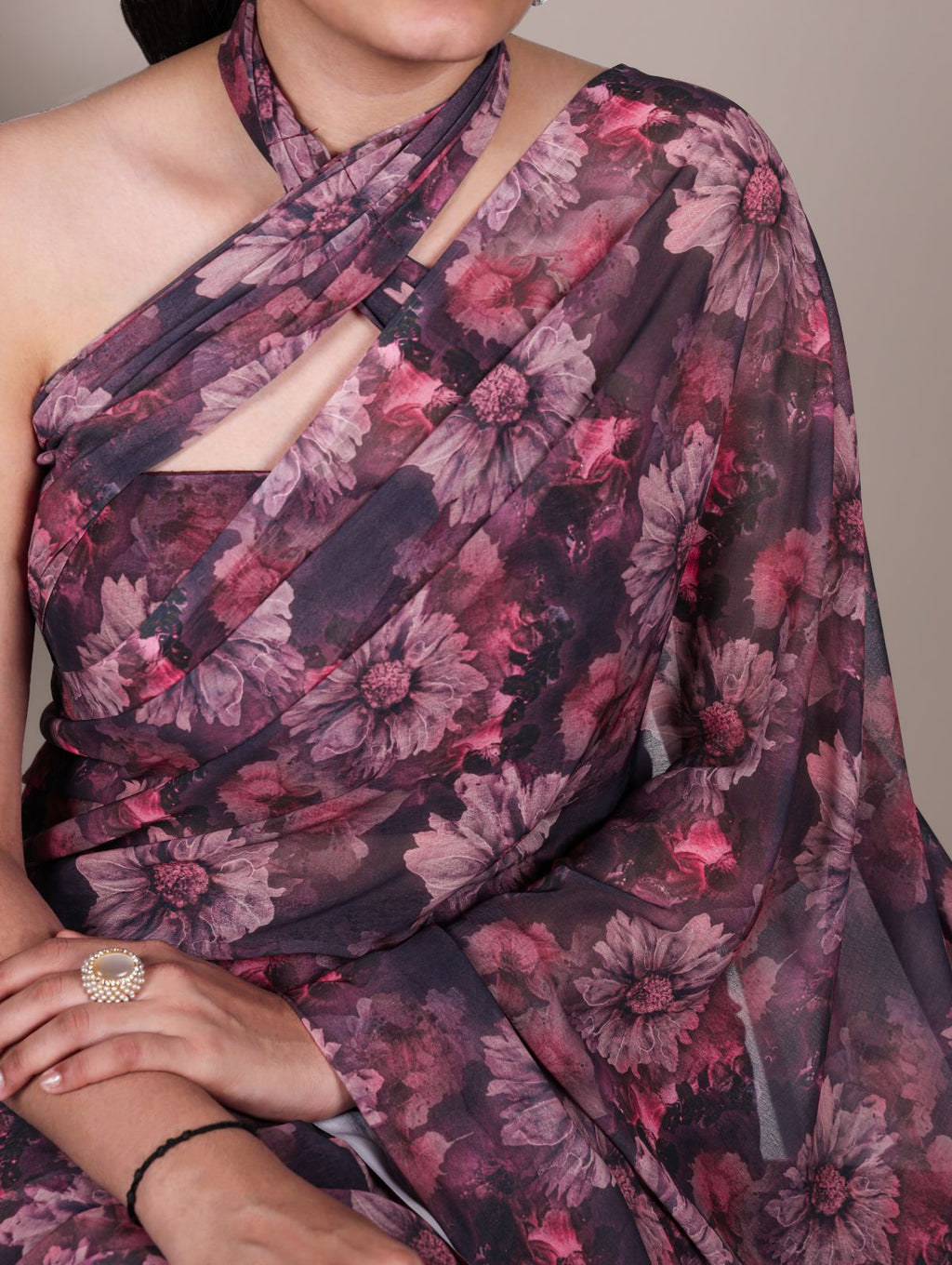Onion pink weightless marble floral print saree with unstitched blouse