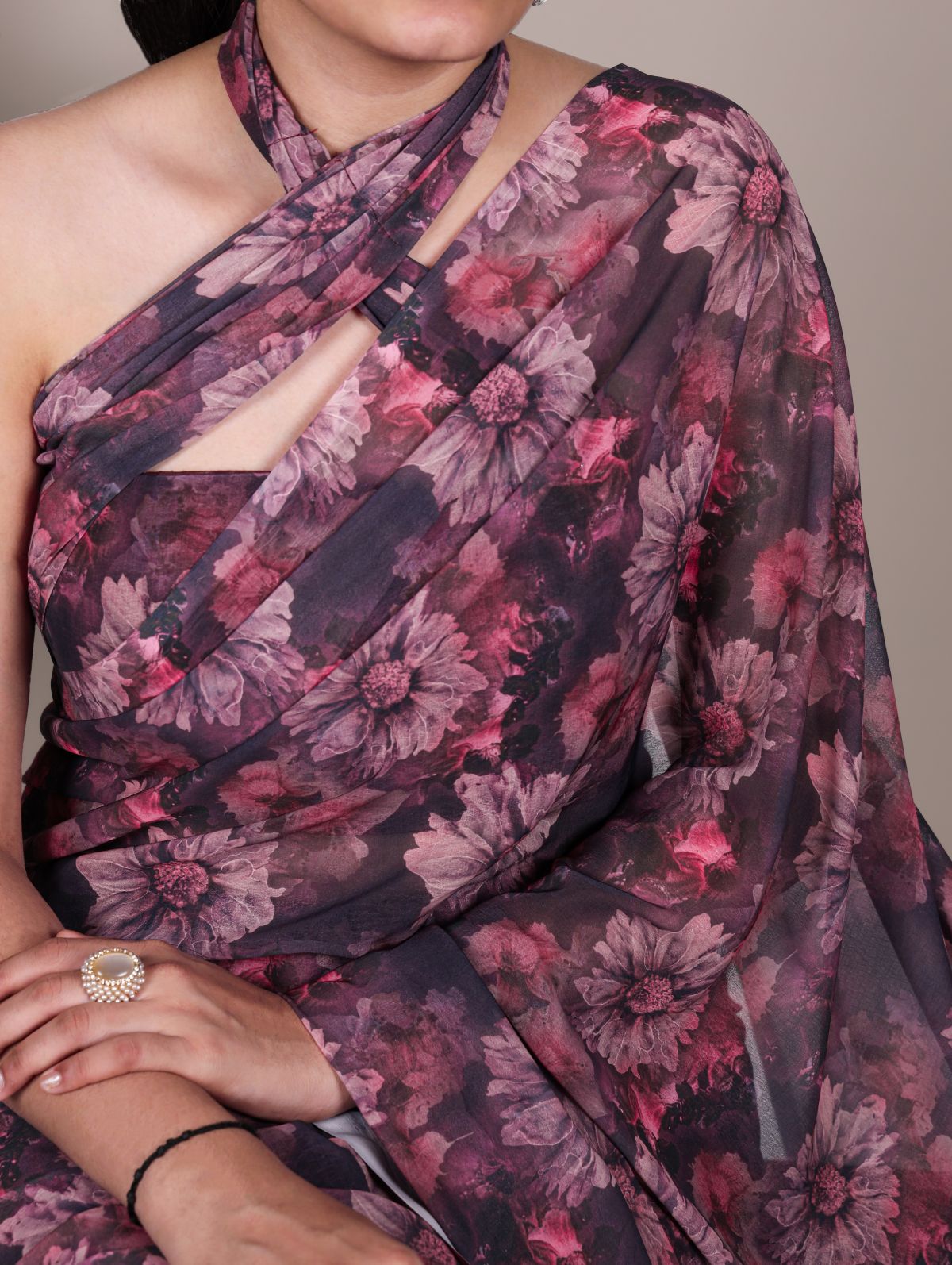 Onion pink weightless marble floral print saree with unstitched blouse