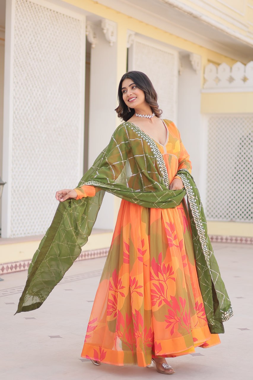 Savitri russian silk printed alia cut orange anarkali suit set