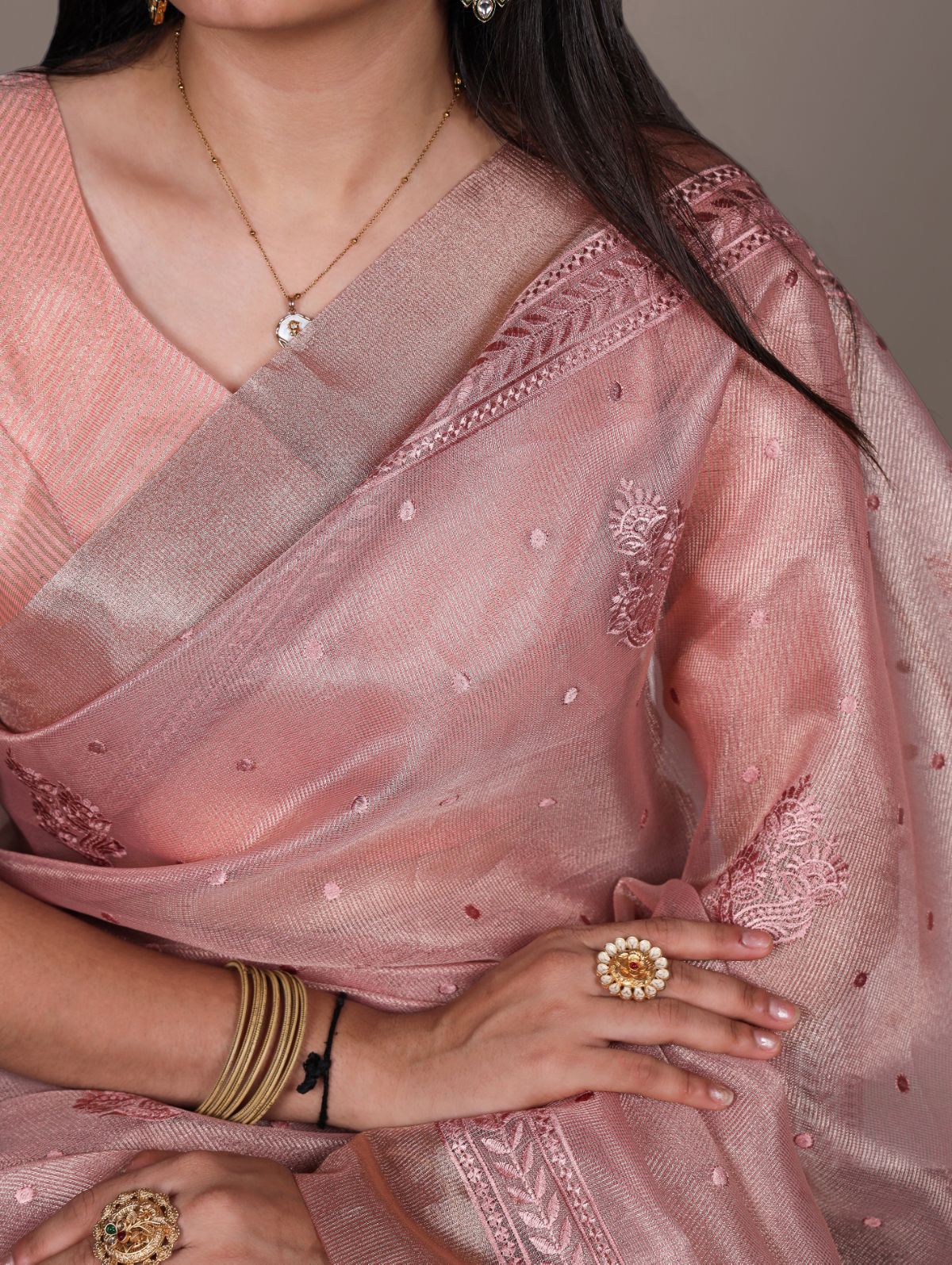 Light pink poly shimmer thread embroidered saree with unstitched blouse