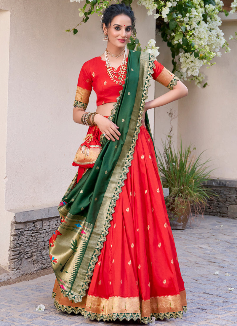 Red jacquard silk Paithani lehenga choli with dupatta and batwa