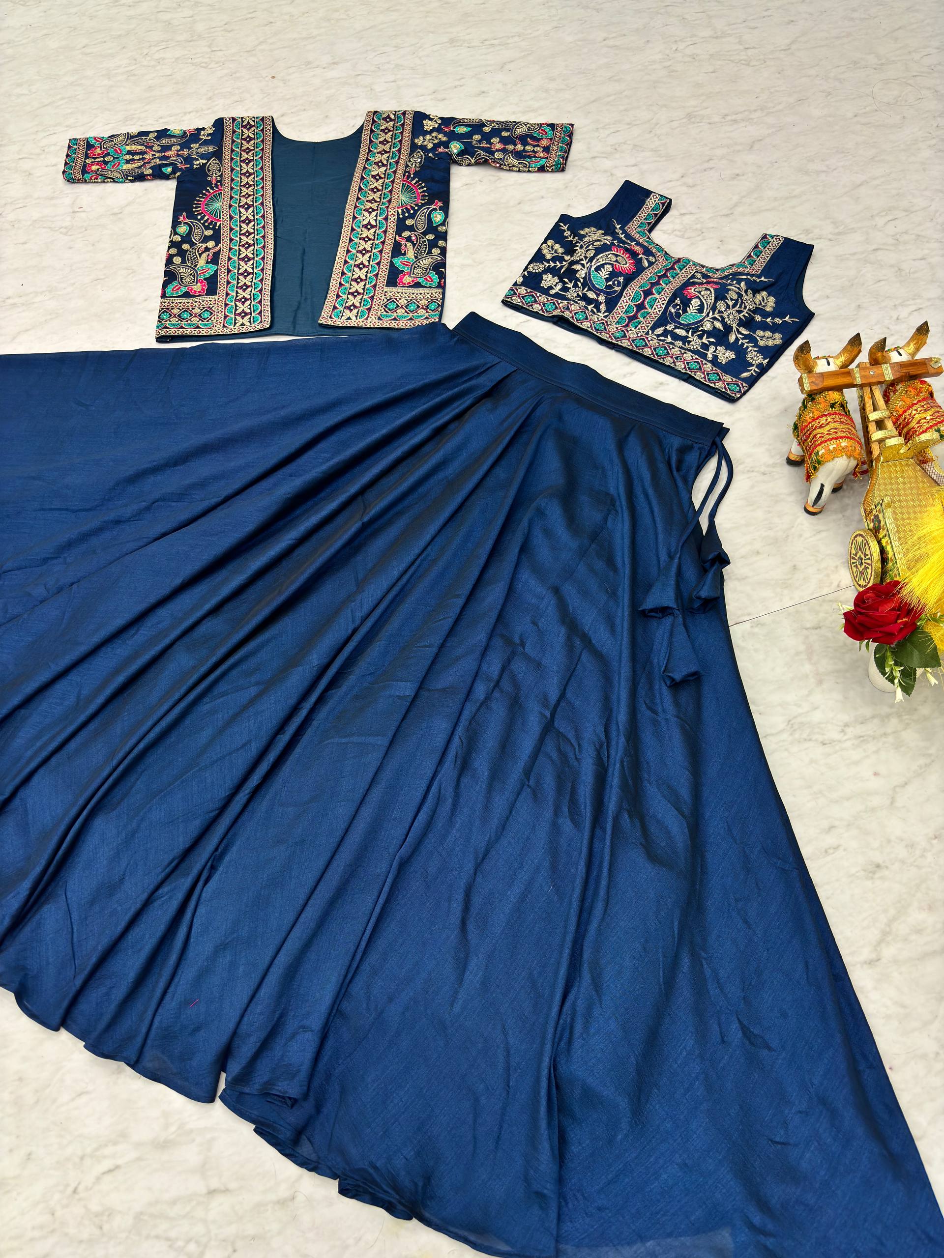 Devisha blue Vichitra silk lehenga choli with embroidered koti