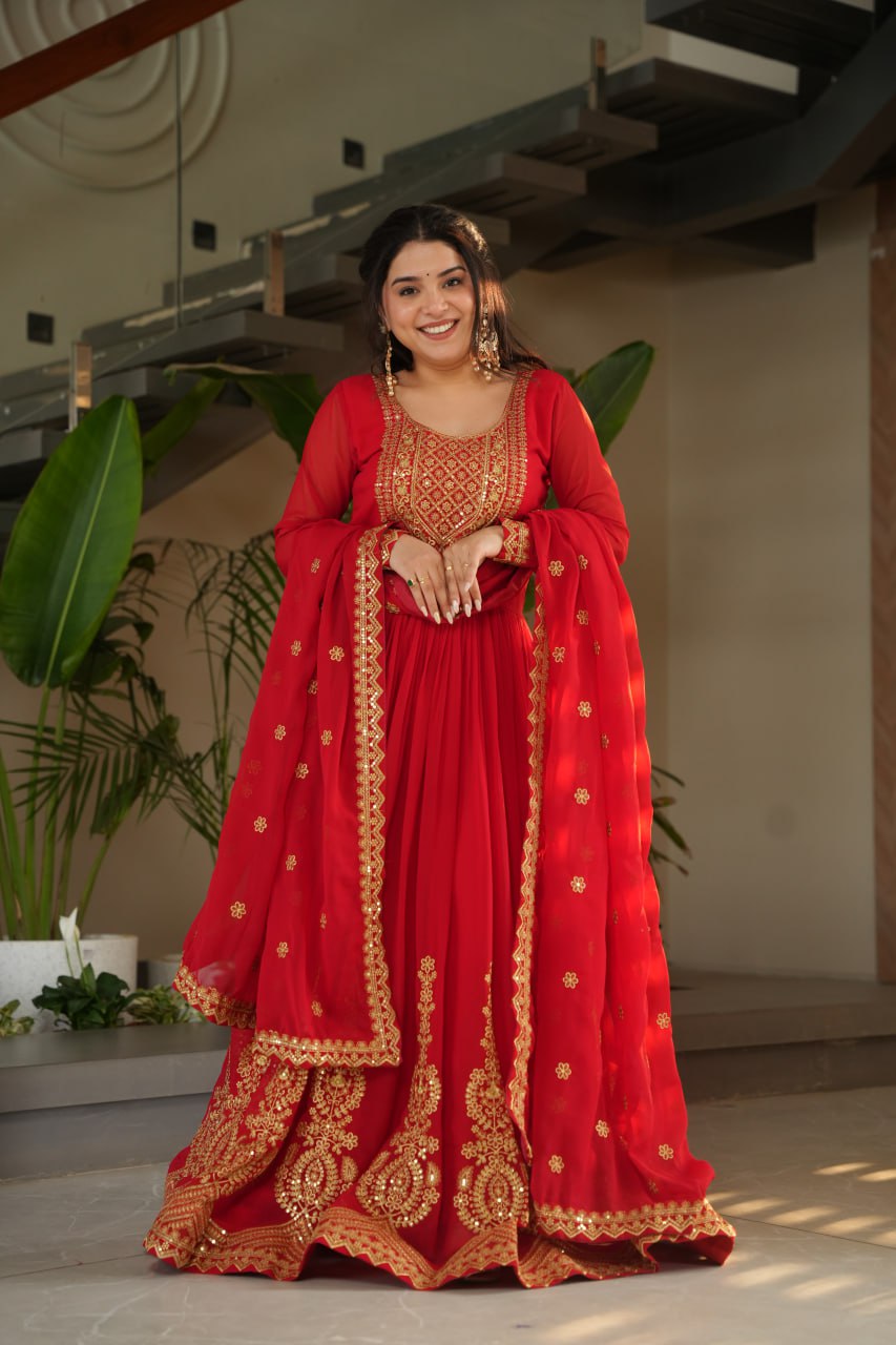 Red party wear gown with dupatta, Indian wedding dress, embroidered gown for women, full sleeve gown design—Trinaari stitched ethnic outfit.