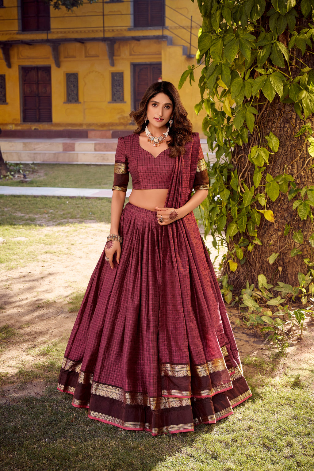 Rimi mulberry Chettinad cotton chex half saree lehenga with zari weaving work