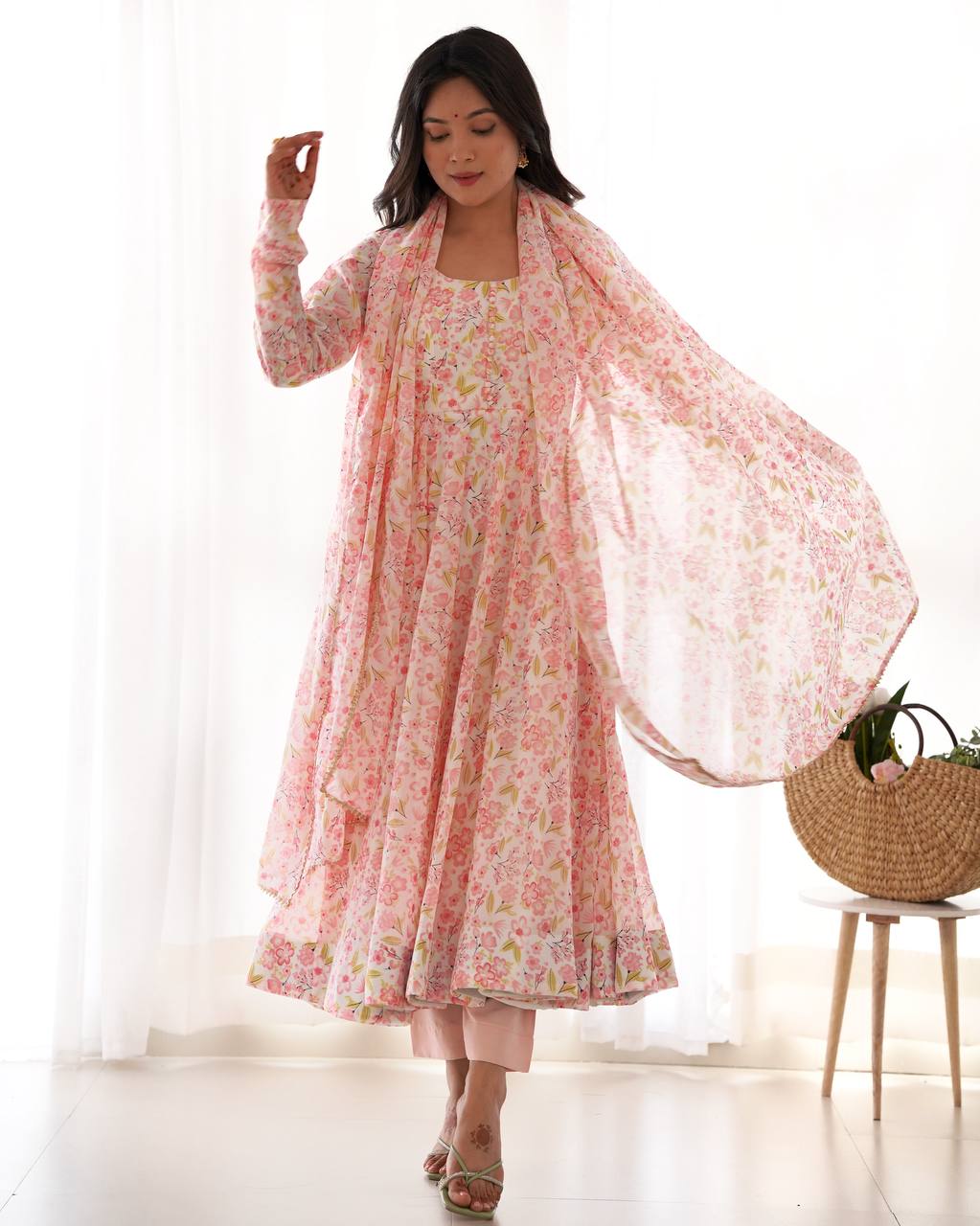 Pink orange chiffon floral Anarkali suit for wedding functions