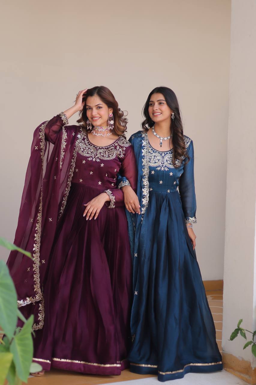 Siddhika pure Burberry silk embroidered gown set