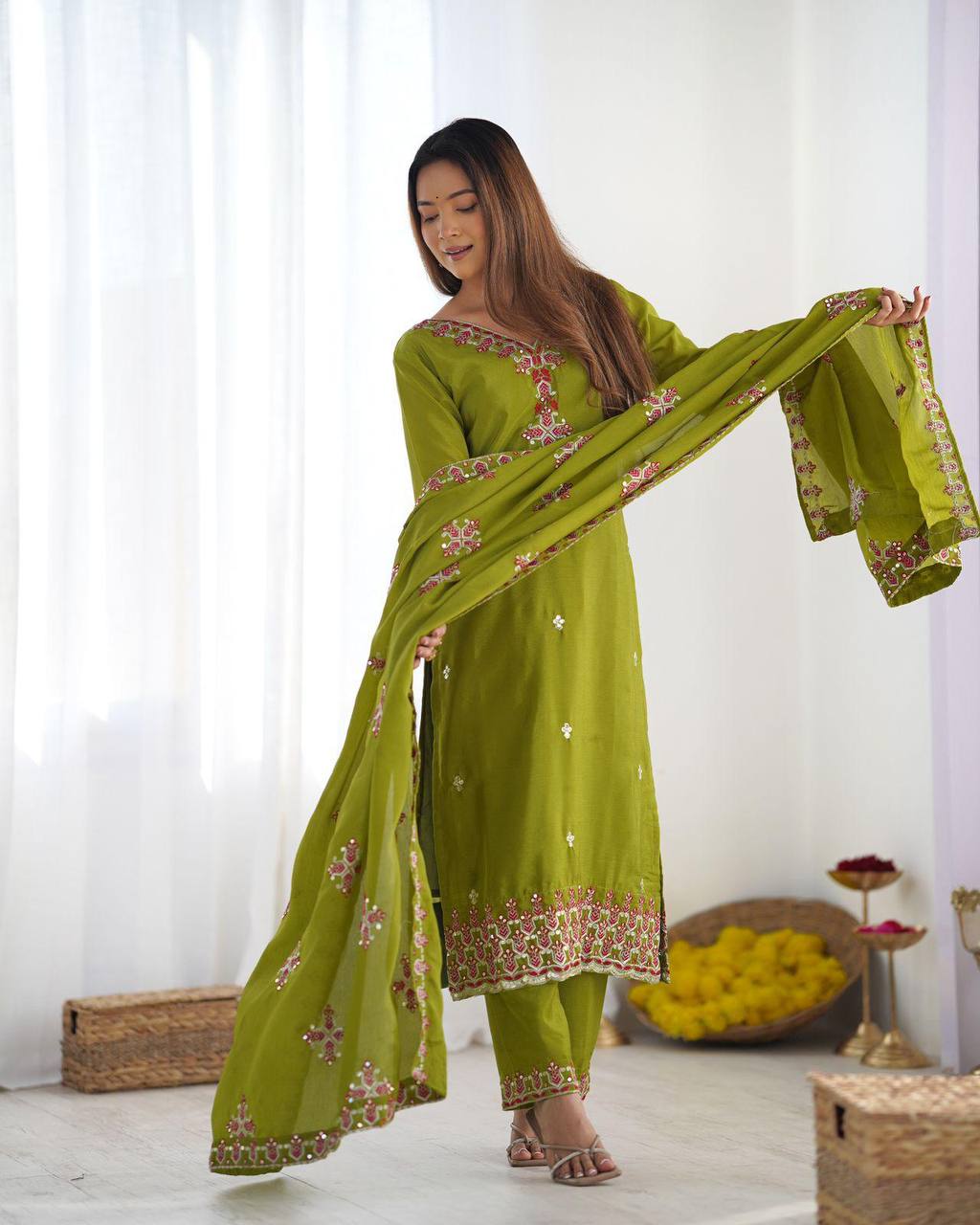 Anvitha Green Chinon Silk Kurti Set with 5mm sequin embroidery, lacework & dupatta – fully stitched festive wear for women.
