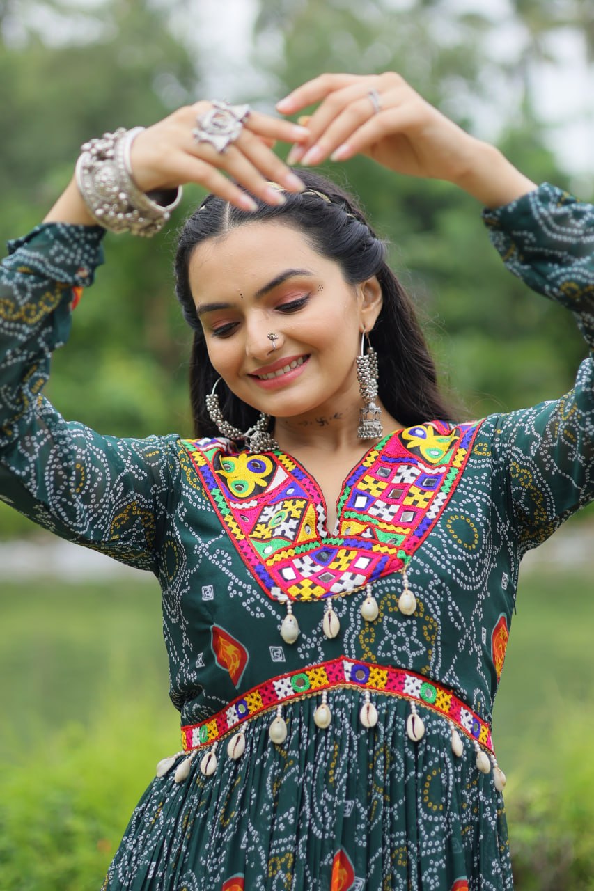 Dhruvi green georgette bandhani printed Navratri gown