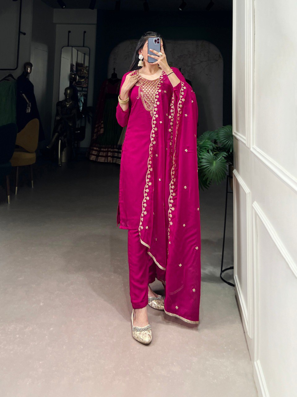 Pink organza kurti set with sequins and thread work embroidery and dupatta