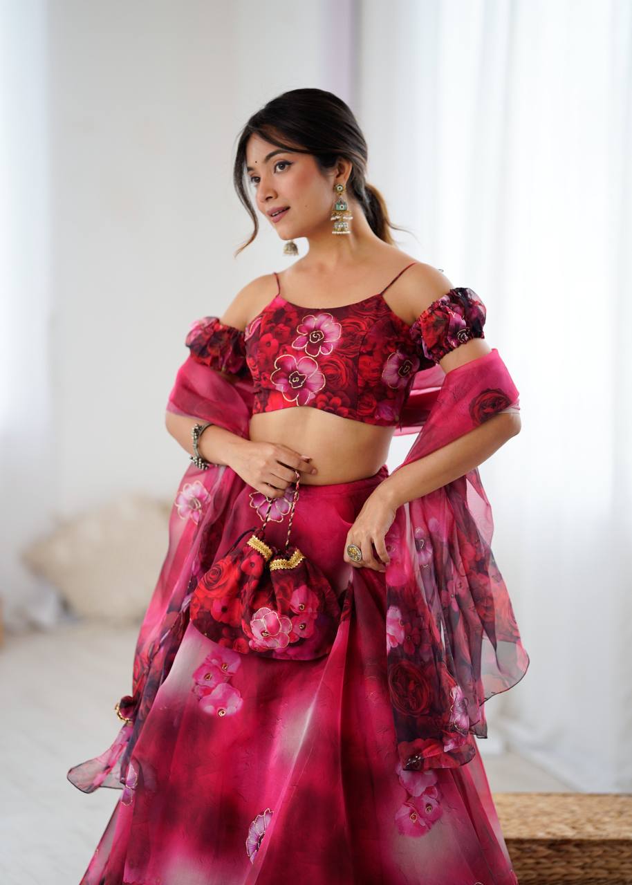 Red pure organza digital print zari work lehenga choli with batwa bag