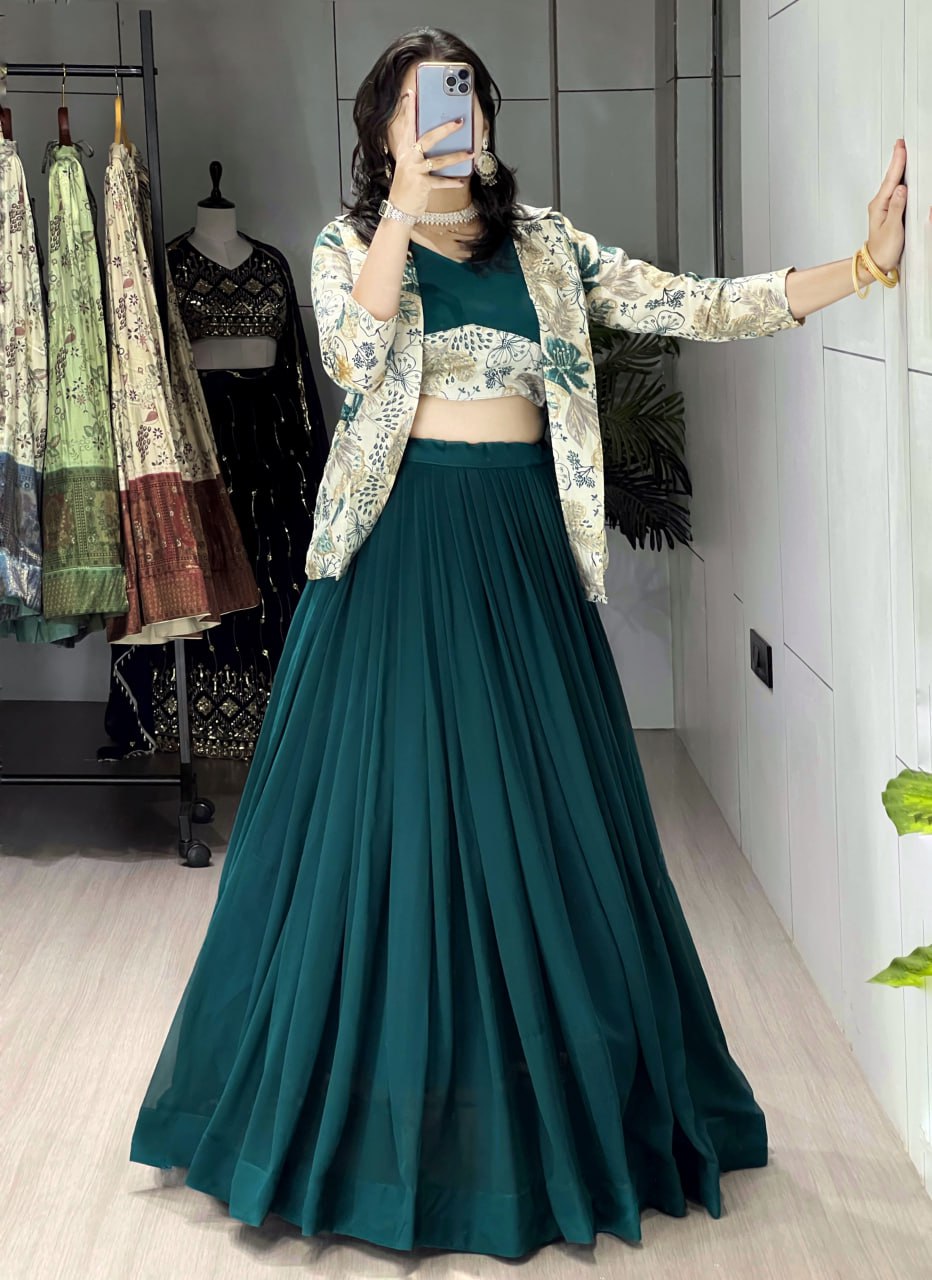 Alka teal green georgette foil printed lehenga choli with koti jacket