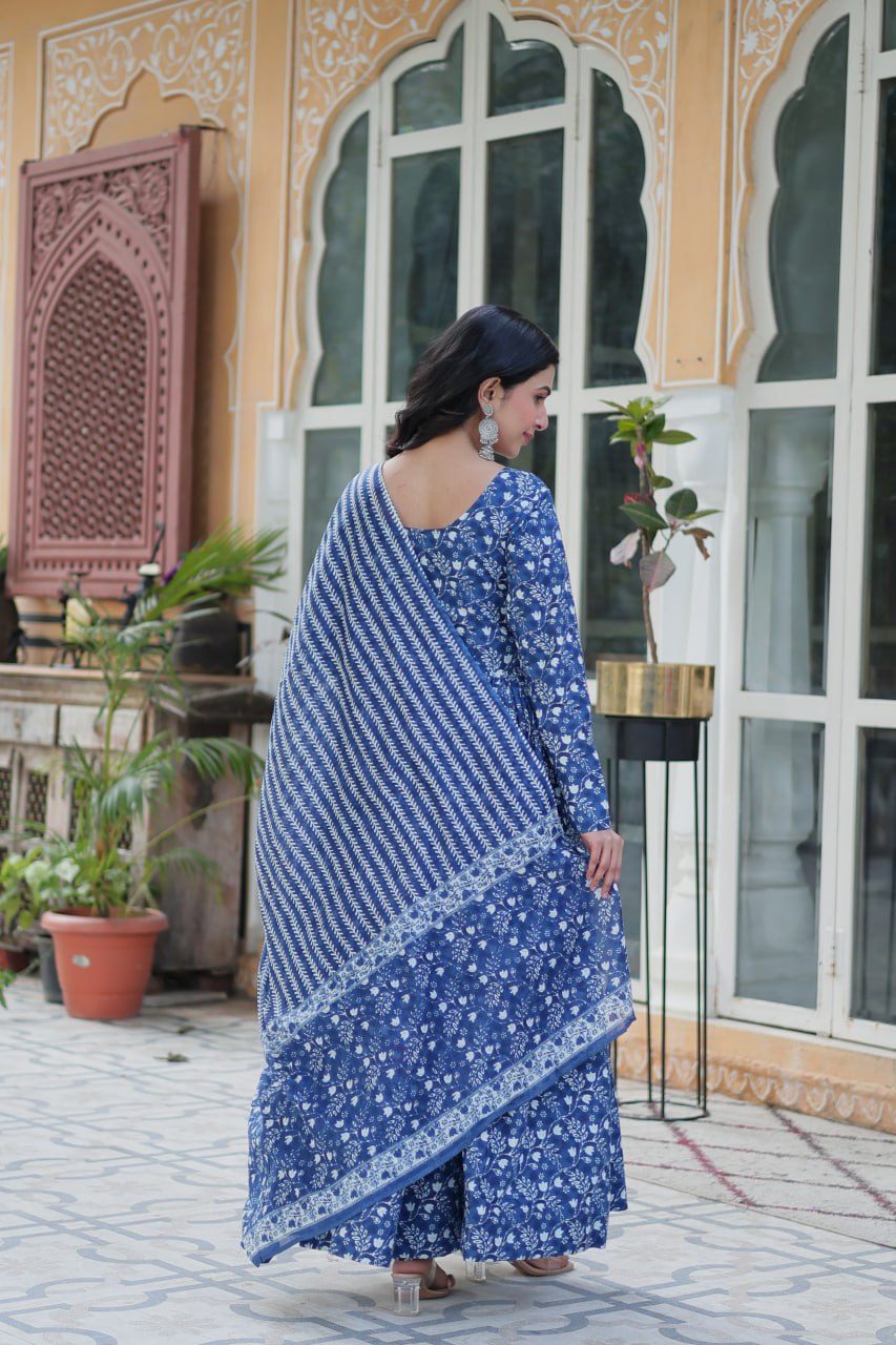 Mahi blue pure cotton anarkali set with dupatta