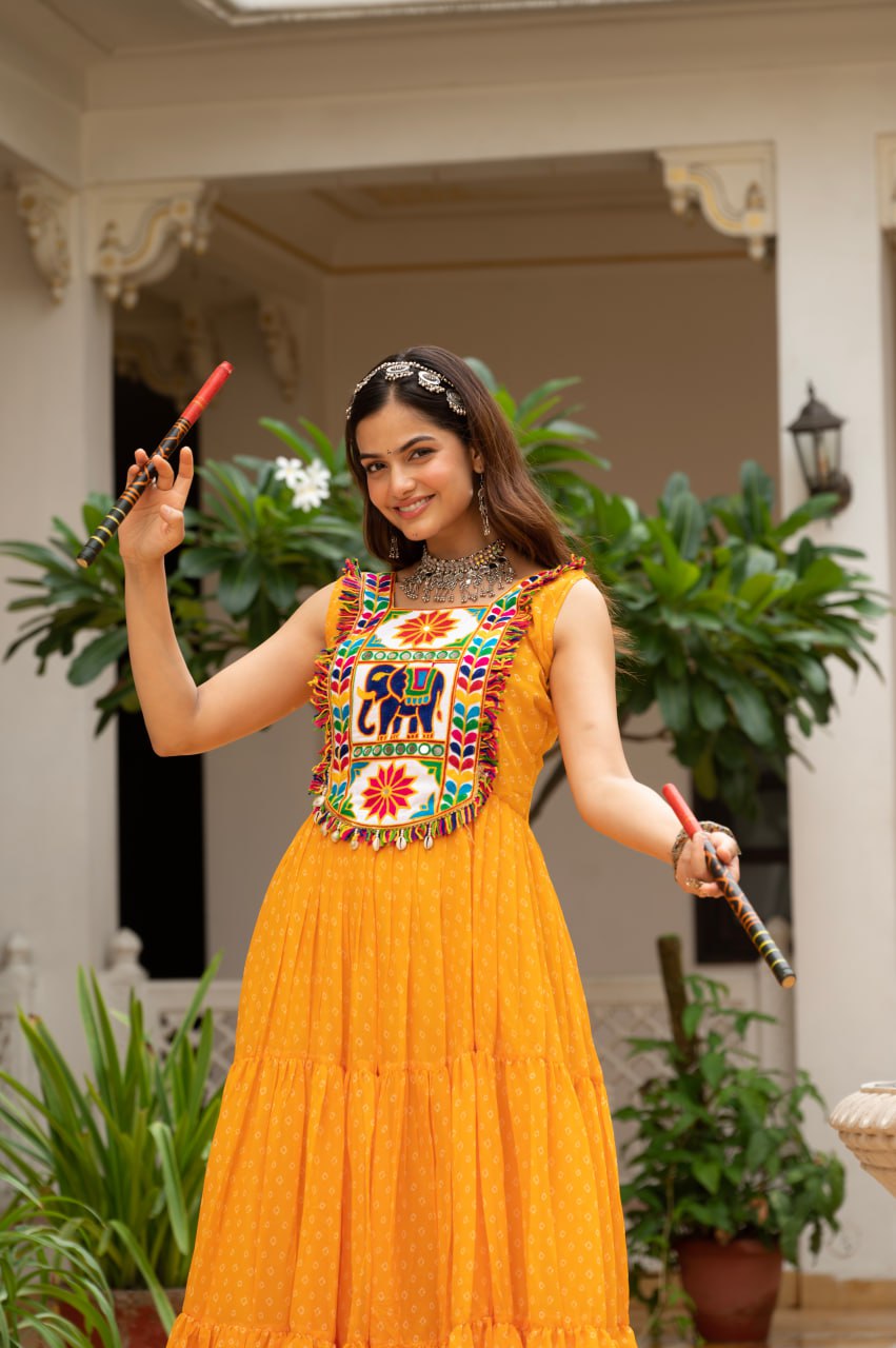 Yellow faux georgette Bandhani print Kutchi patch mirror work gown
