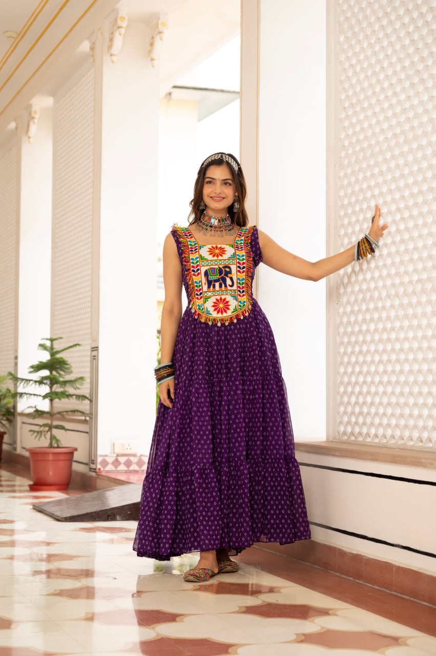 Purple faux georgette Bandhani print Kutchi patch mirror work gown