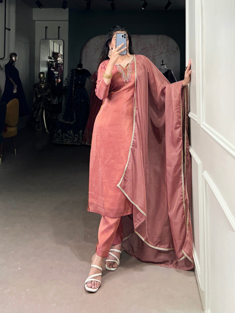 Peach embroidered viscose tissue salwar suit with organza dupatta
