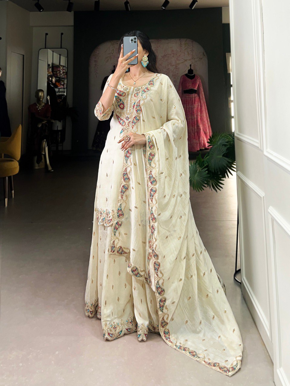 Aanvi off white vichitra silk embroidered kurti sharara set