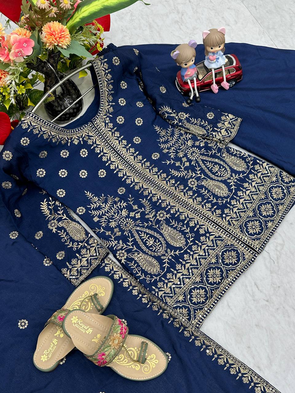 Enya blue Chinon kurti palazzo set with thread sequence embroidery work