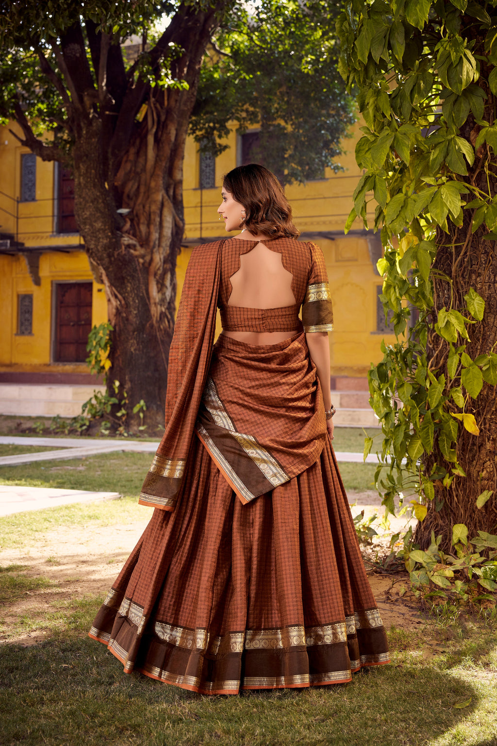 Rimi rust orange Chettinad cotton chex half saree lehenga with zari weaving work