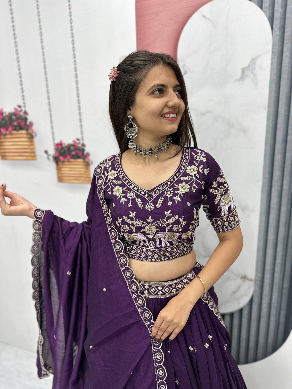 Gopi deep purple Vichitra silk lehenga choli with embroidery sequins thread work