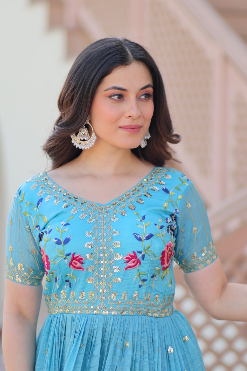 Sky blue gold crush zari sequins work embroidered gown