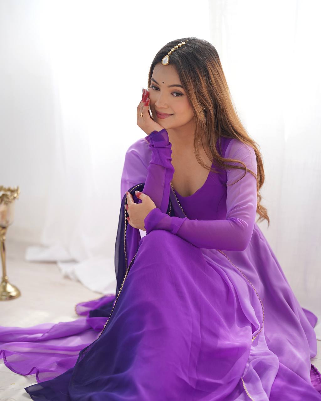 Purple georgette Anarkali gown with dupatta, printed flair gown set, party wear Anarkali set for women—fully stitched festive Trinaari outfit.