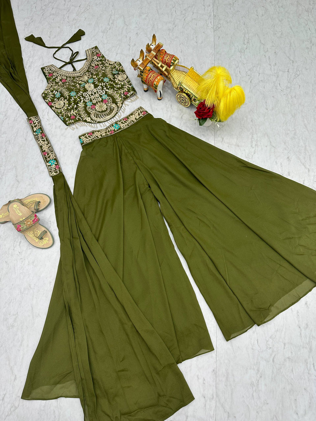 Stuti olive green star georgette top palazzo set with sequins thread embroidery