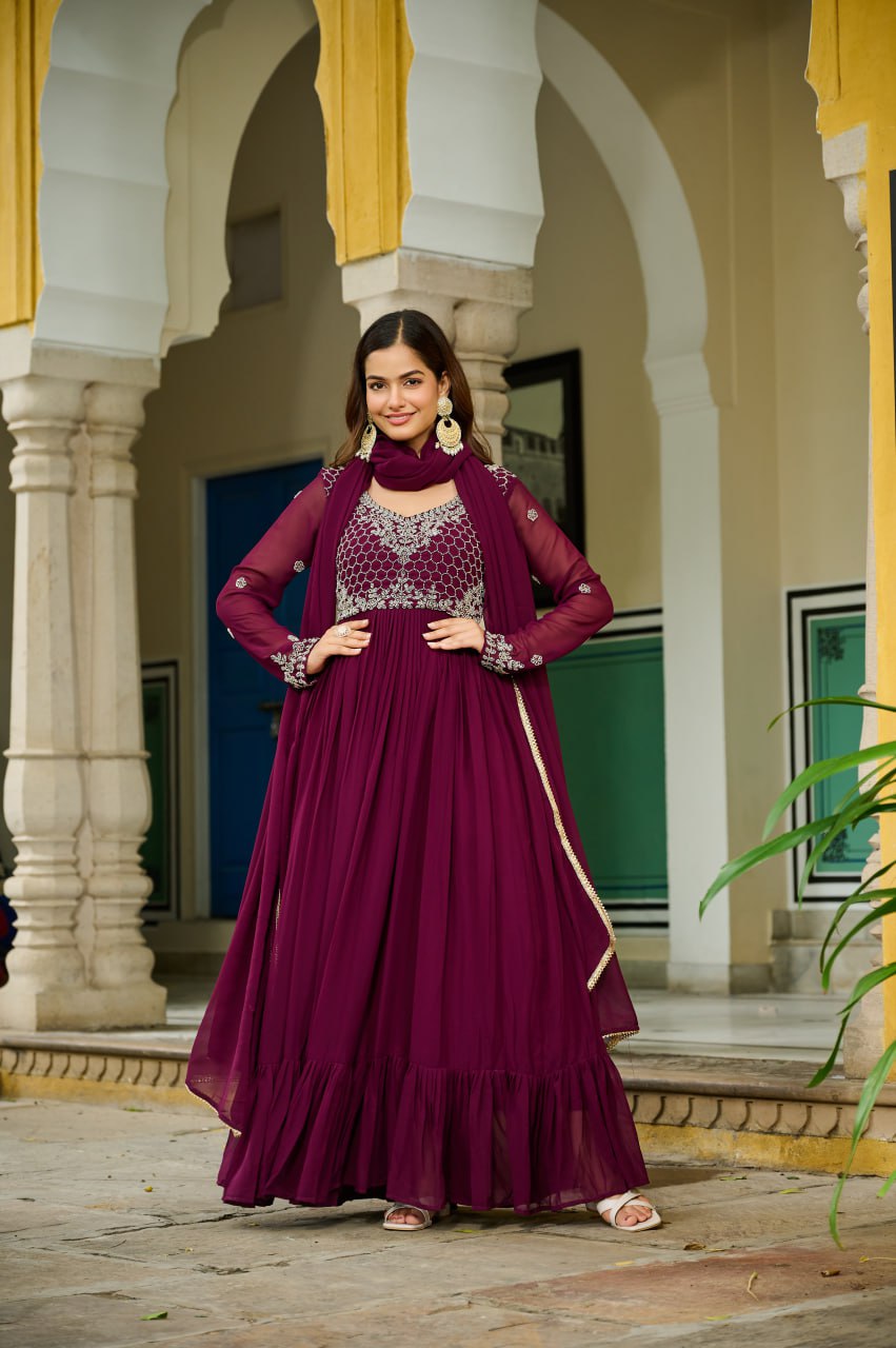 Wine faux blooming beads embroidered gown with dupatta