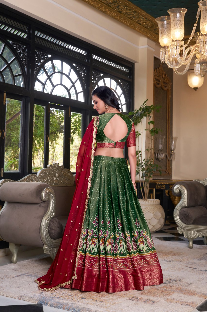 Green Kanchipuram silk lehenga choli with embroidered dupatta for wedding