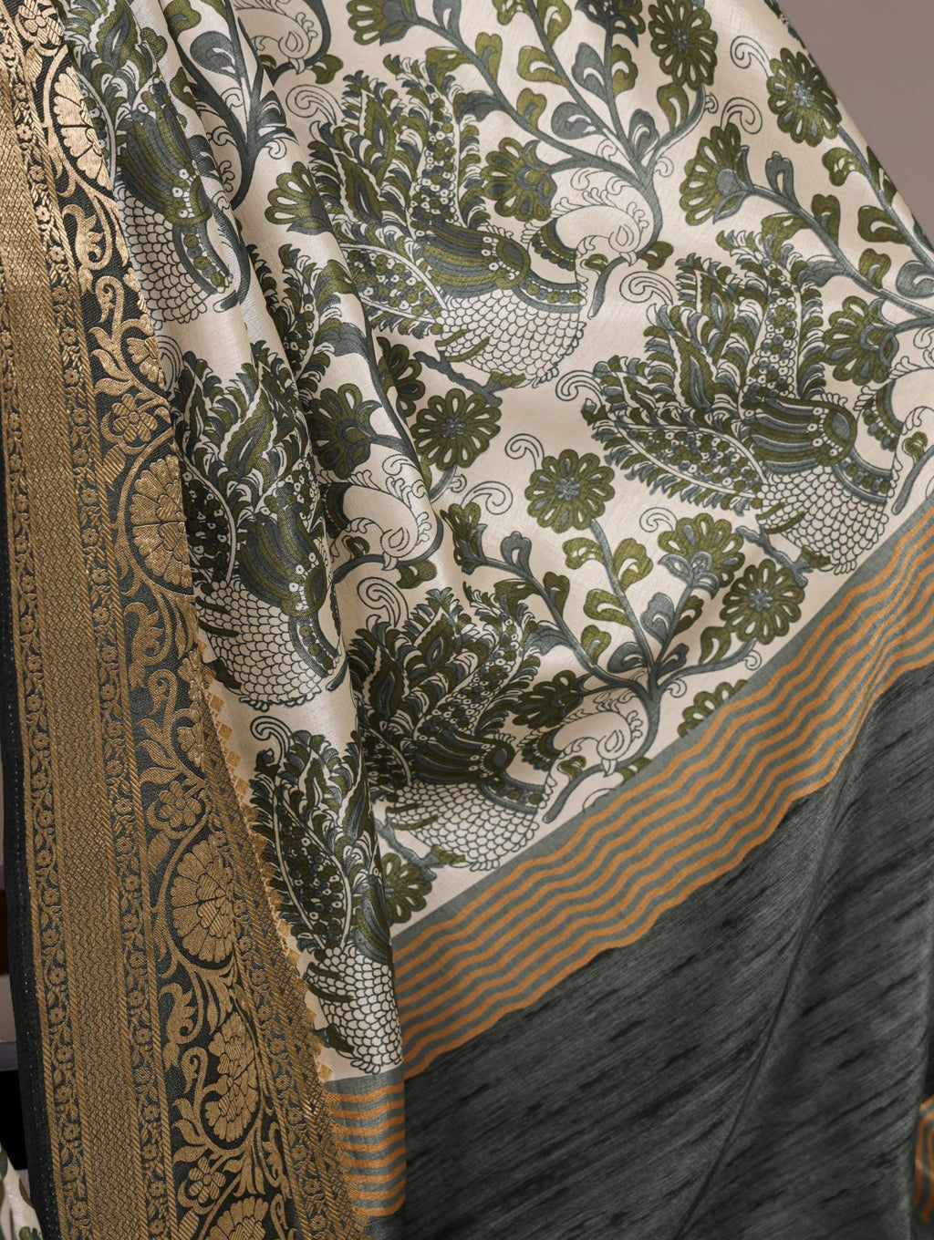 Green tasar silk printed saree with viscose border and blouse