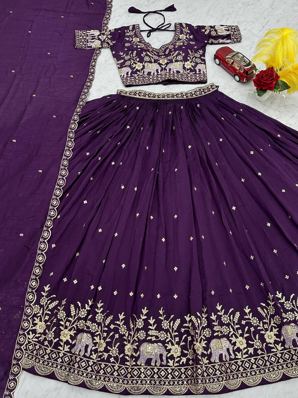 Gopi deep purple Vichitra silk lehenga choli with embroidery sequins thread work