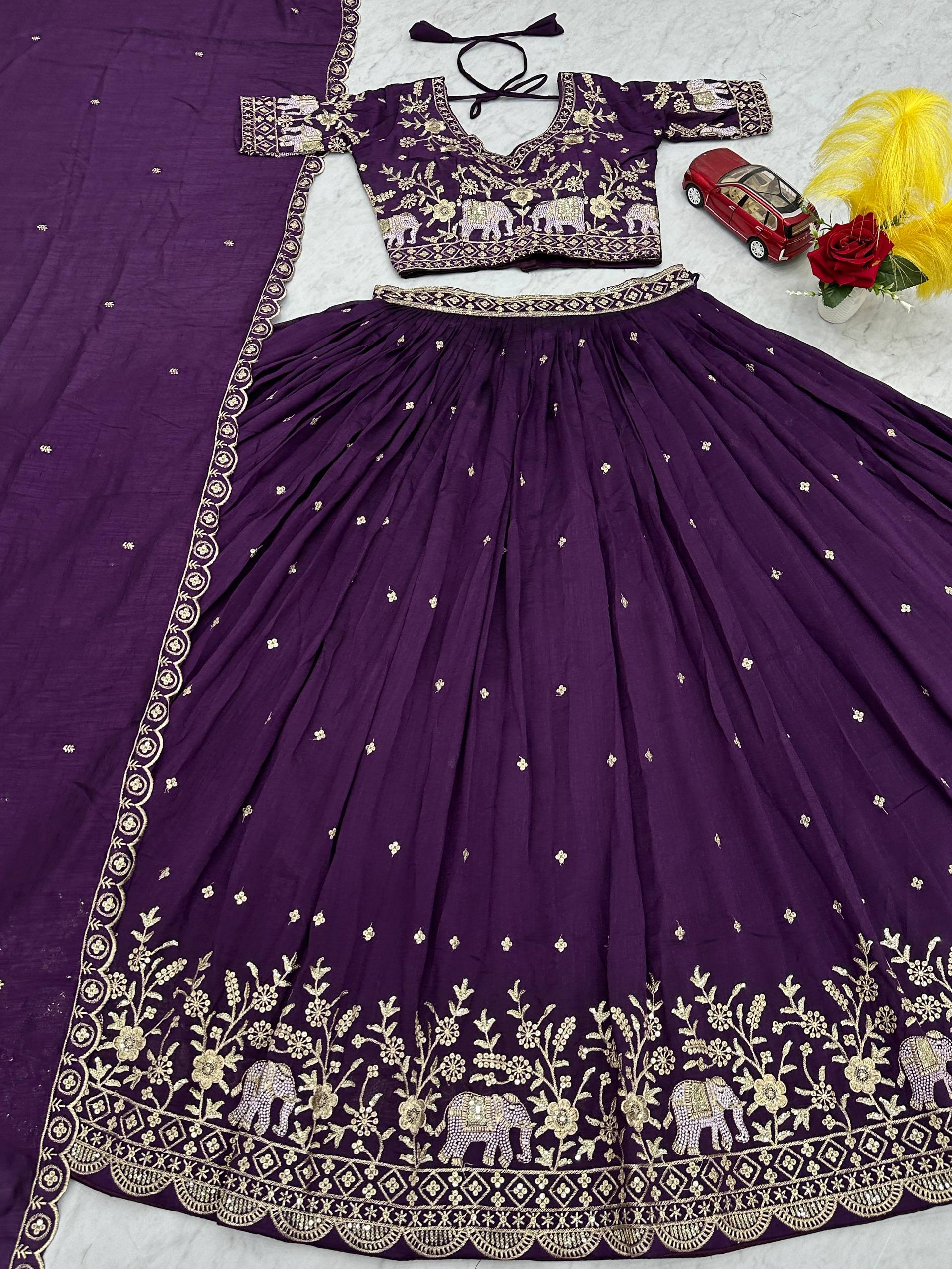 Gopi deep purple Vichitra silk lehenga choli with embroidery sequins thread work