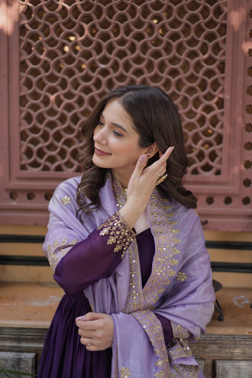 Purple star georgette embroidered zari sequins work gown with dupatta