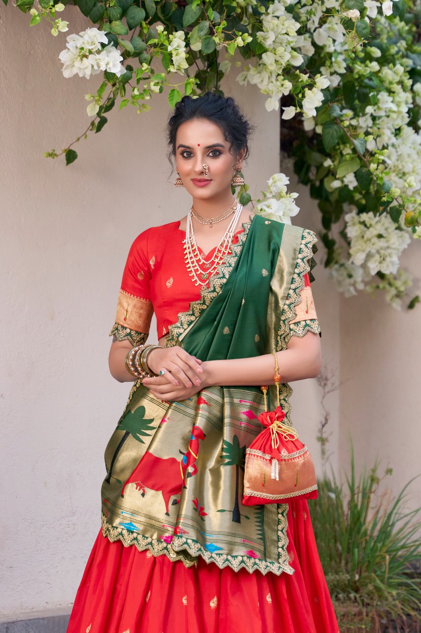 Red jacquard silk Paithani lehenga choli with dupatta and batwa