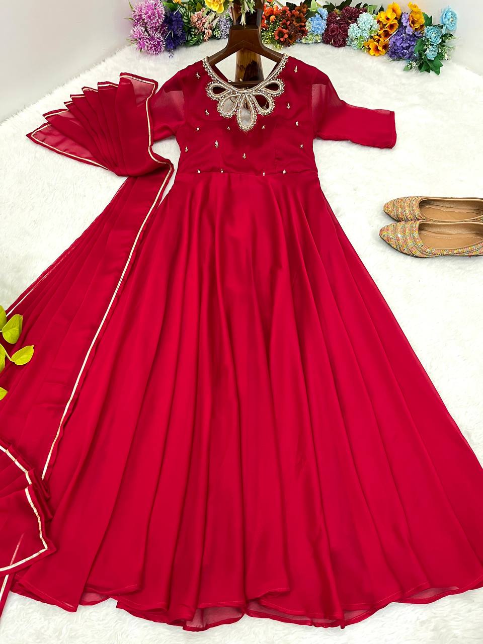 Samiksha red georgette embroidered Anarkali gown set