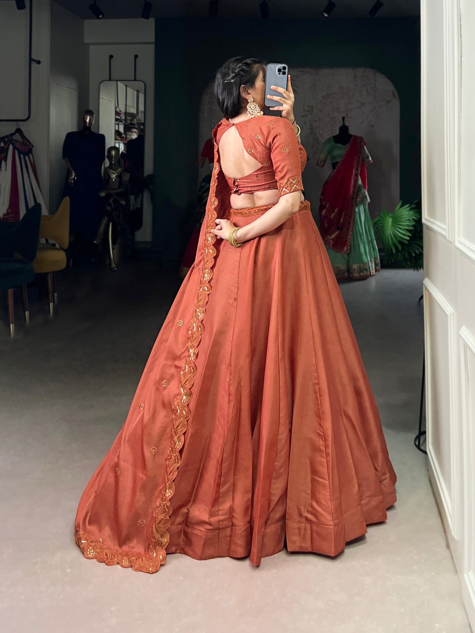 Rust orange Tussar silk sequins and thread embroidery lehenga choli