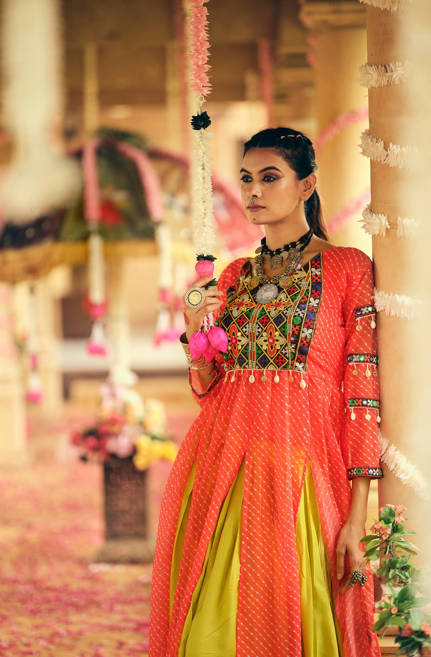 Orange pure rayon canvas patta embroidered mirror work lehenga choli
