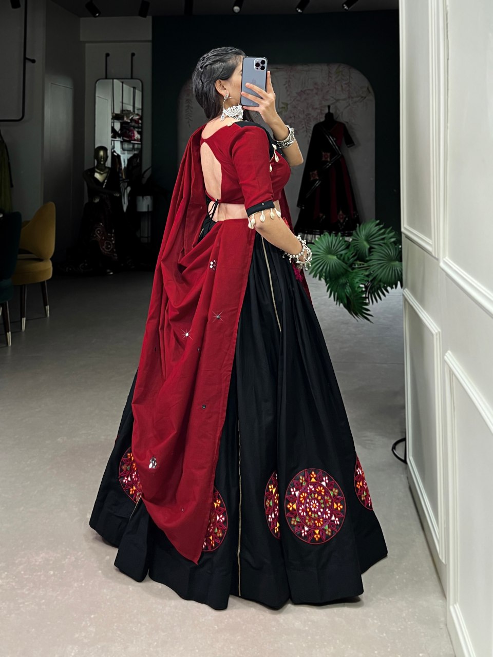 Black pure cotton Gamthi patch work lehenga choli with mirror work dupatta and purse