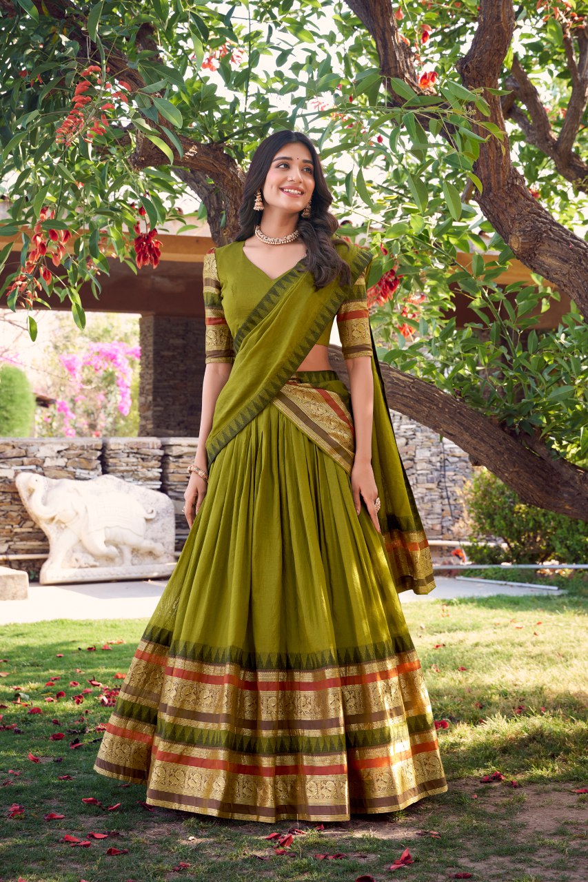 Green pure Chanderi lehenga choli with zari weaving work and dupatta