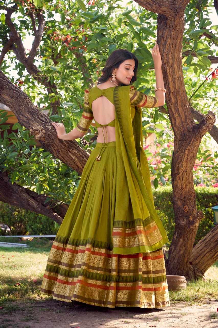 Green pure Chanderi lehenga choli with zari weaving work and dupatta