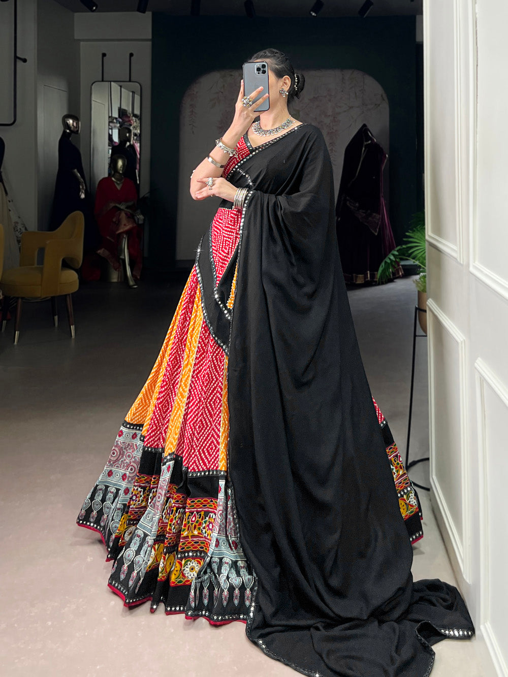 Black yellow pure rayon Bandhej Ajrakh Gamthi mirror work lehenga choli