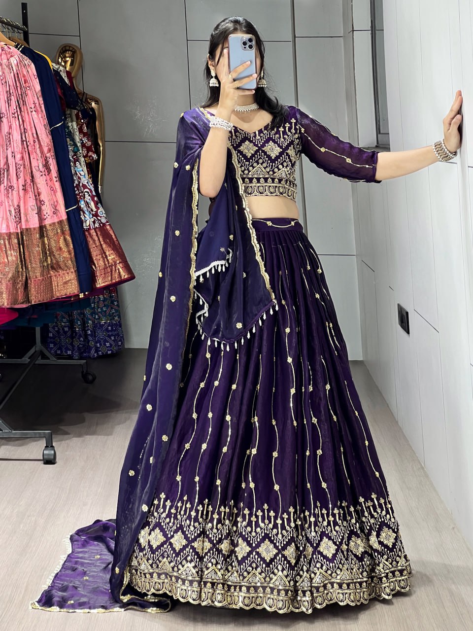 Purple Fendy satin beads embroidered lehenga choli with dupatta