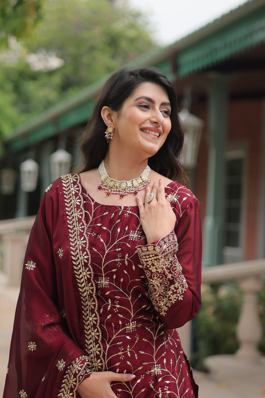 Maroon Rangoli silk embroidered Hitanshi designer kurti palazzo suit