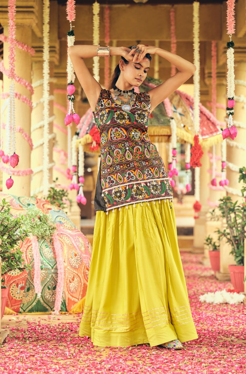 Yellow pure rayon ribbon work embroidered lehenga choli
