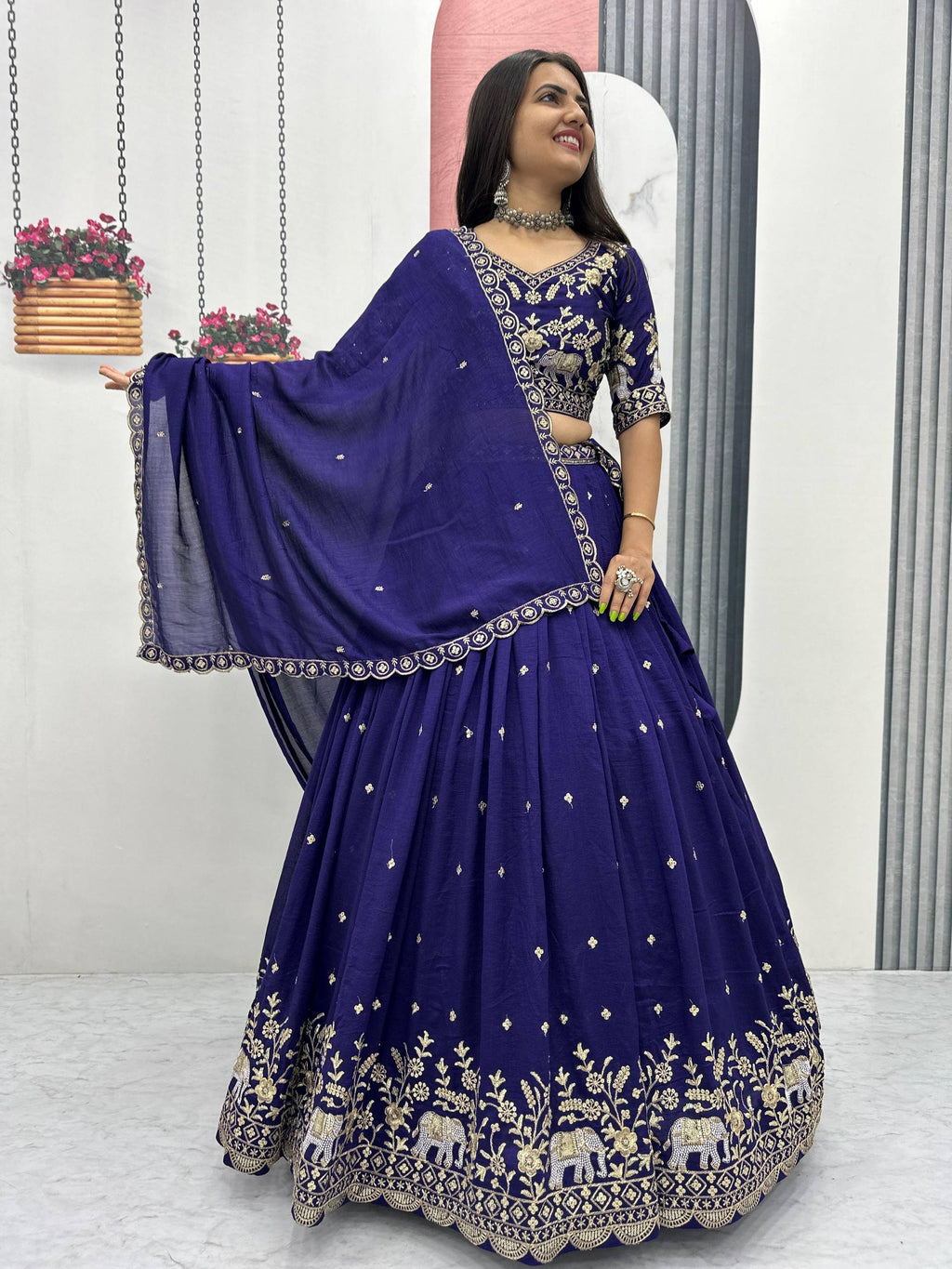 Gopi navy blue Vichitra silk lehenga choli with embroidery sequins thread work
