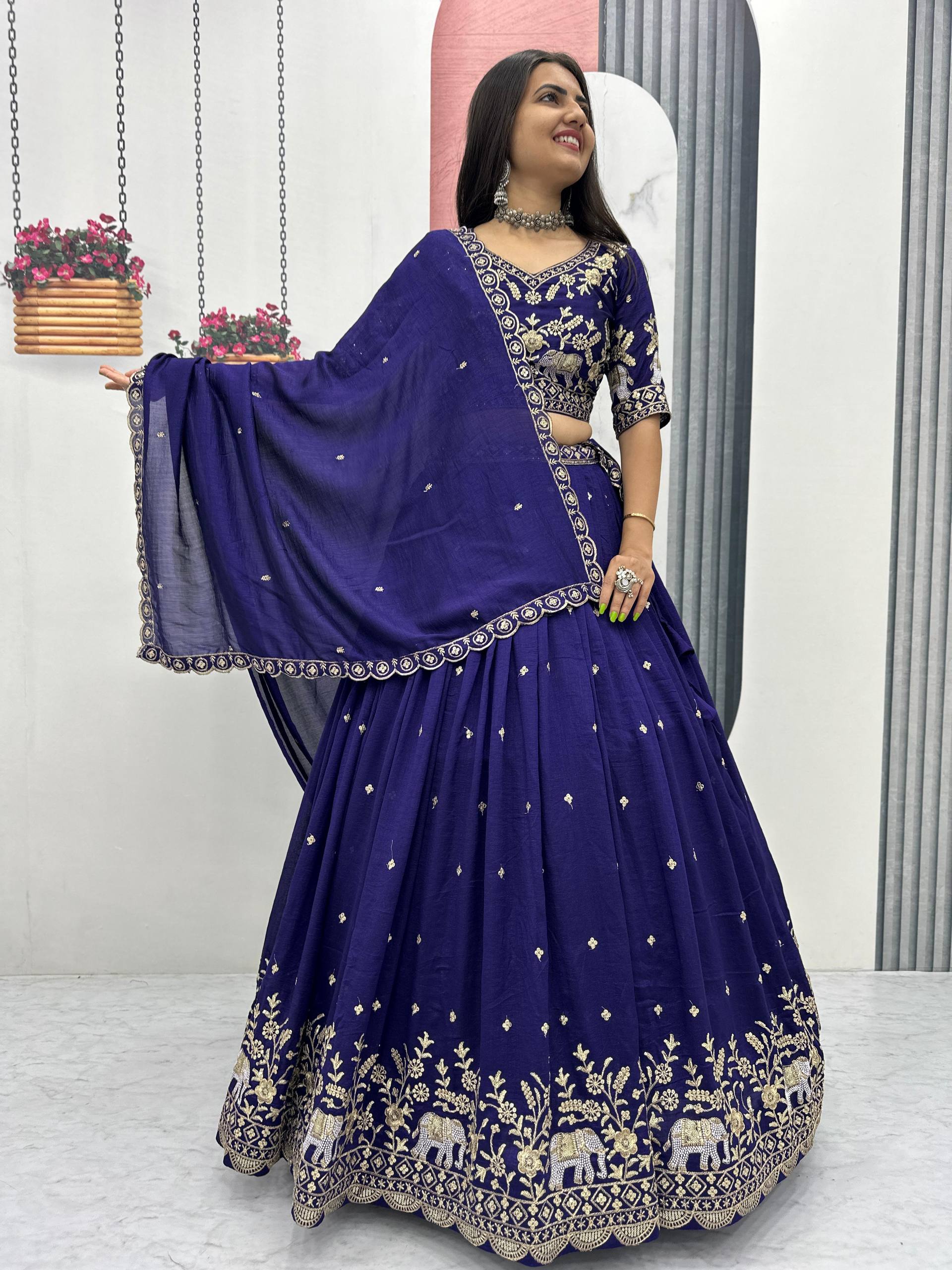 Gopi navy blue Vichitra silk lehenga choli with embroidery sequins thread work